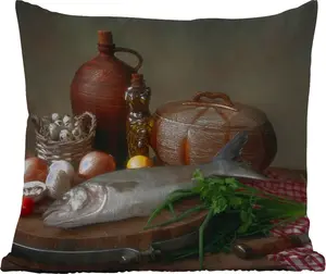 Подушка для улицы - деревенская - рыба - натюрморт - овощи - травы - 45 x 45 см - водонепроницаемая - подушка для отдыха - подушка с фотографией - декоративная подушка MuchoWow