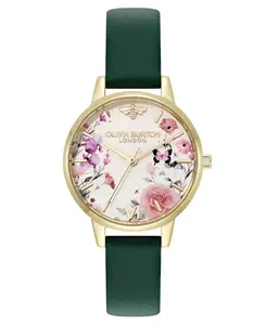 Женские часы с ремешком из зеленой телячьей кожи с цветочным рисунком, 30 мм Olivia Burton, green