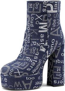 Женские джинсовые ботильоны на платформе Aflngle с круглым носком, массивным высоким каблуком, боковой молнией, противоскользящие, короткие винтажные ботинки для вечеринок и свадебных нарядов, Dark Blue