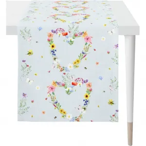 Дорожка для стола 6816 SPRINGTIME, весенняя декорация, весна цифровая печать, с изображением в форме сердца, из весенних цветов Apelt, светло-голубой/мультиколор