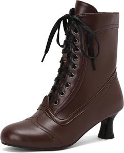 Женские винтажные ботильоны в викторианском стиле с молнией, шнуровкой, округлым носком, массивным маленьким каблуком, готические ведьмовские ботинки с боковой молнией Generic, Brown