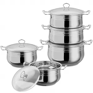 Набор посуды Scheffler из нержавеющей стали, 10 предметов, совместим с индукционной плитой, с крышками, подходит для всех типов плит, включая кастрюли диаметром 22/24/26/28/30 см Homelux