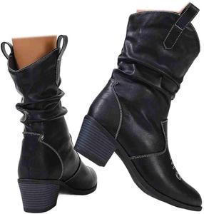 Женские ковбойские ботинки до середины голени в западном стиле, модные ковбойские ботинки с вышивкой, массивным низким каблуком и ботильоны Generic, Black