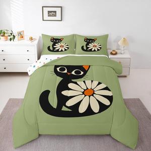 Erosebridal Комплект постельного белья Funny Cat с принтом котят в мультяшном стиле, зеленый реверсивный, Green Black