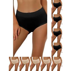 10 упаковок женского хлопкового белья с высокой талией, кружевной отделкой, эффектом контроля живота и полным покрытием Inspire Chic, Black Beige