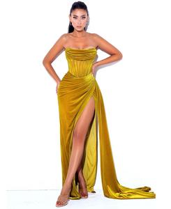 Женское бархатное платье Priya Gold с драпировкой, корсетом и высоким разрезом Miss Circle, Gold