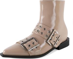 Женские ботильоны SAMMITOP с низким толстым каблуком, классические заостренные носки, боковая молния, ботильоны Челси с металлической пряжкой и люверсами, каблук 3 см, Patent Beige