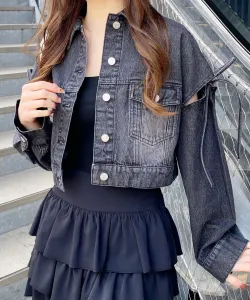 Джинсовая укороченная куртка INGNI/с ленточкой на рукавах, цвет Gray