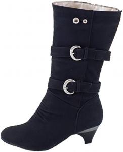 Женские зимние сапоги VOKLIN с пряжкой, средней высоты, широкие по голенищу, с круглым носком, на низком каблуке kitten, теплые, свободного кроя, Black-Velvet Lined