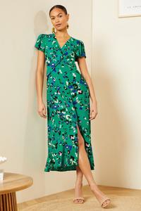 Платье миди с декоративным закрученным V-образным вырезом и разрезом спереди Love & Roses, зеленый