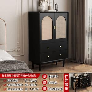 Yu Senyi Комод для гостиной и спальни настенный угловой черный винтажный из ротанга и массива дерева, 2 дверцы и 2 ящика, высота 80 см