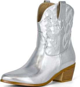 Женские ковбойские сапоги STALOV, вышивка, серебро, по щиколотку, с острым носком, на каблуке-блоке, повседневные, весна-осень, для катания на ковбое