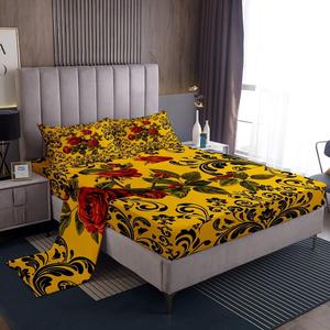 Erosebridal Комплект постельного белья Gothic Roses с ретро-барочным дамасским принтом роз в готическом стиле, желто-черная расцветка, Yellow Red Green