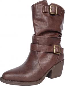 Generic Западные ковбойские сапоги для женщин - прочные сапоги с высоким каблуком и закрытой щиколоткой, стиль мотоциклиста, классический круглый носок, модные западные сапоги (черные/темно-коричневые/серые)