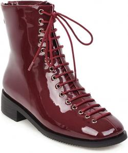 Женские ботильоны VOKLIN с квадратным носком в западном стиле, лаковая кожа, шнуровка, молния, плоский низкий каблук, короткие ботинки, Wine Red-Velvet Lined