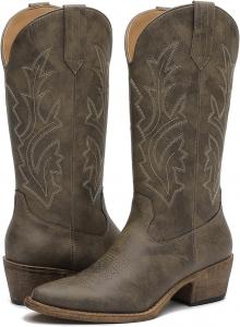 Женские ковбойские сапоги GLOBALWIN до середины икры с флористической вышивкой, боковой молнией и массивным каблуком, 23Yy13 Brown