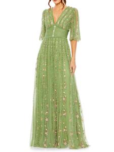 Платье А-силуэта с цветочным принтом и оборками Mac Duggal, цвет Moss Green Multi