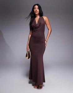 Длинное платье New Look с халтер-хомутом и воротником-хомут коричневого цвета