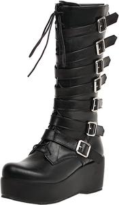 Женские ботильоны Uniquelly на танкетке до середины икры с высокой платформой, шнуровкой сзади, молнией, круглым носком и пряжкой, модная зимняя обувь, Black