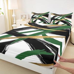 Erosebridal Зелено-золотая черная полосатая натяжная простыня Full Size минималистичный абстрактный современный комплект постельного белья для детей подростков взрослых эстетичный шикарный художественный полосатый, Gold Green Black