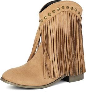 Модные замшевые ботильоны UP2STEP с кисточками и бахромой | Плоские ботинки на каждый день с заклепками и круглым носком в стиле бохо, Beige