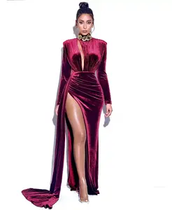 Женское платье Zenaida бордового цвета с ажурными вырезами и высоким разрезом из бархата Miss Circle