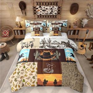 Erosebridal Комплект постельного белья Horse Decor Western с принтом в стиле вестерн, экзотические черепа и ковбойские сапоги, деревенский дизайн, Brown Orange Blue