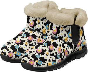 Женские ботильоны с искусственным мехом, утепленные зимние сапоги, теплые и удобные мягкие ботинки, легкие противоскользящие ботинки, повседневная обувь для дома Chririnla, Cute Groovy Flower Cow