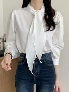 Блузка с завязками на ленте и присборенными рукавами. Женские топы Doux Belle, цвет White