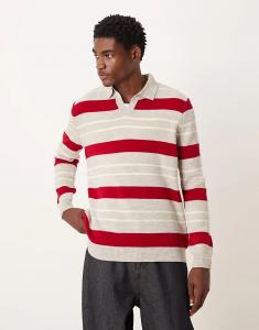 Трикотажное поло ASOS DESIGN с вырезом-стойкой в ​​красную и бежевую полоску