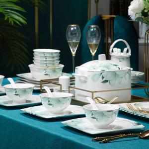 Yichen Porcelain Набор посуды, фарфор Bone China из Цзиндэчжэня, китайский набор: миски, тарелки, палочки, подарок на новоселье, Baihehua Round Upgraded Set with Open Flame Stove, 56 предметов