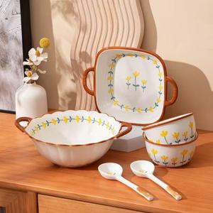 Ceramics Керамический набор посуды с простым подглазурным декором, чаши и тарелки, палочки для еды, полный комплект с узором горная хризантема, подарок на новоселье, 24-см лотосовая чаша с двойными ручками, столовая утварь