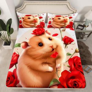 Erosebridal Комплект постельного белья Cavy Fitted Sheet Kawaii с милыми морскими свинками и красными розами, Red Brown White