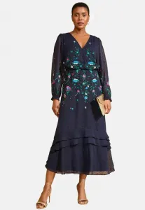 Платье-Миди средней длины с длинными рукавами и вышивкой в стиле добби, прямого кроя. Love & Roses, Navy Floral