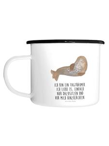 Эмалированная кружка XL с надписью Смеется белого цвета Mr. & Mrs. Panda