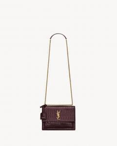 SUNSET MEDIUM из кожи с тиснением под крокодила SAINT LAURENT, коричневый