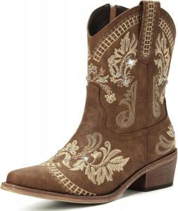 Женские ковбойские сапоги - западные вышитые ковбойские сапоги с блестящими стразами, заостренный носок, массивный каблук, боковая молния, винтажные короткие ботильоны, женские модные ретро-ботильоны до щиколотки в стиле кантри Rivalran, Brown