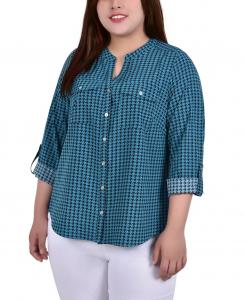 Блуза больших размеров с рукавами 3/4, завернутым хлястиком и Y-образным вырезом NY Collection