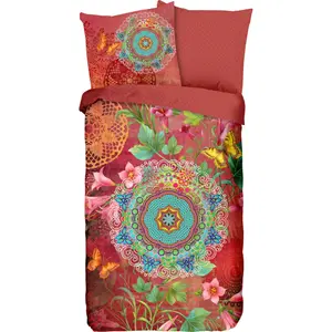 Модное двустороннее постельное белье «Novali», Мако-сатин, 135х200, молния, двусторонняя, цветы мандалы, терракота Hip, цвет multi/terrakotta