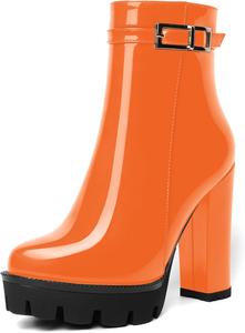Женские ботильоны AMBELIGHT на платформе с круглым носком, однотонные, для вечеринки, с молнией, сексуальные, лакированные, массивный высокий каблук 12 см, Orange