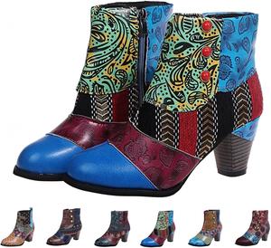 Ковбойские ботинки из зминой кожи для женщин, круглый носок, ботильоны на молнии, модные массивные высокие каблуки, короткие ботильоны для дам Generic, Color-A