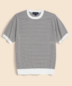 Хлопковый/шелковый полосатый свитер с круглым вырезом и короткими рукавами