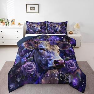 Erosebridal Комплект постельного белья Highland Cow для детей с рисунком коровы, фиолетово-розовый, реверсивный, в деревенском стиле, Purple
