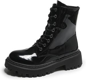 Женские боевые ботинки на плоской подошве, с шнуровкой, с круглым носком, противоскользящие, повседневные, с низким голенищем, низким каблуком, платформой и рифленой подошвой Generic, Black