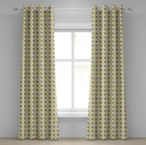 Серо-желтая штора на люверсах ABAKUHAUS, геометрический рисунок в стиле ретро 60-х и 70-х годов, круглые квадраты, декоративные двухпанельные шторы, 280 см x 260 см, антрацитово-серый с бархатцами Abakuhaus