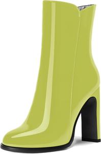 Женские офисные ботинки ROSERWISH на молнии, с классическим округлым носком, лакированной отделкой, высокими блочными каблуками и средним голенищем, 4 дюйма