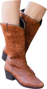 Generic Женские высокие сапоги для широкой голени 2025 осень-зима черные средние ковбойские ботинки из кожи с вышивкой, швы, на подъем с заостренным носком, массивные каблуки, длинные сапоги, винтажные стильные, для рождественской вечеринки и прогулок