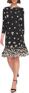 Женское трикотажное мини-платье Tommy Hilfiger с рукавами 3/4, высоким воротом и оборками, Black Multi