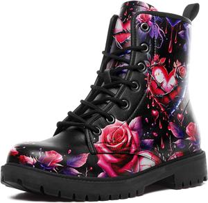 Женские боевые ботильоны с принтом сердца, модные короткие ботинки, роза и череп, прочные шнурованные рабочие ботинки, подарок для вашего возлюбленного Coolcustomize, Schwarz/Violett