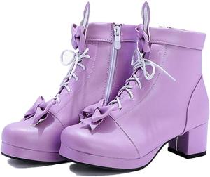 Женские туфли JOEupin в стиле Лолита с милым дизайном для вечеринок, на высокой платформе с массивным каблуком, из ПУ, с шнуровкой и бантом, ботильоны, Purple